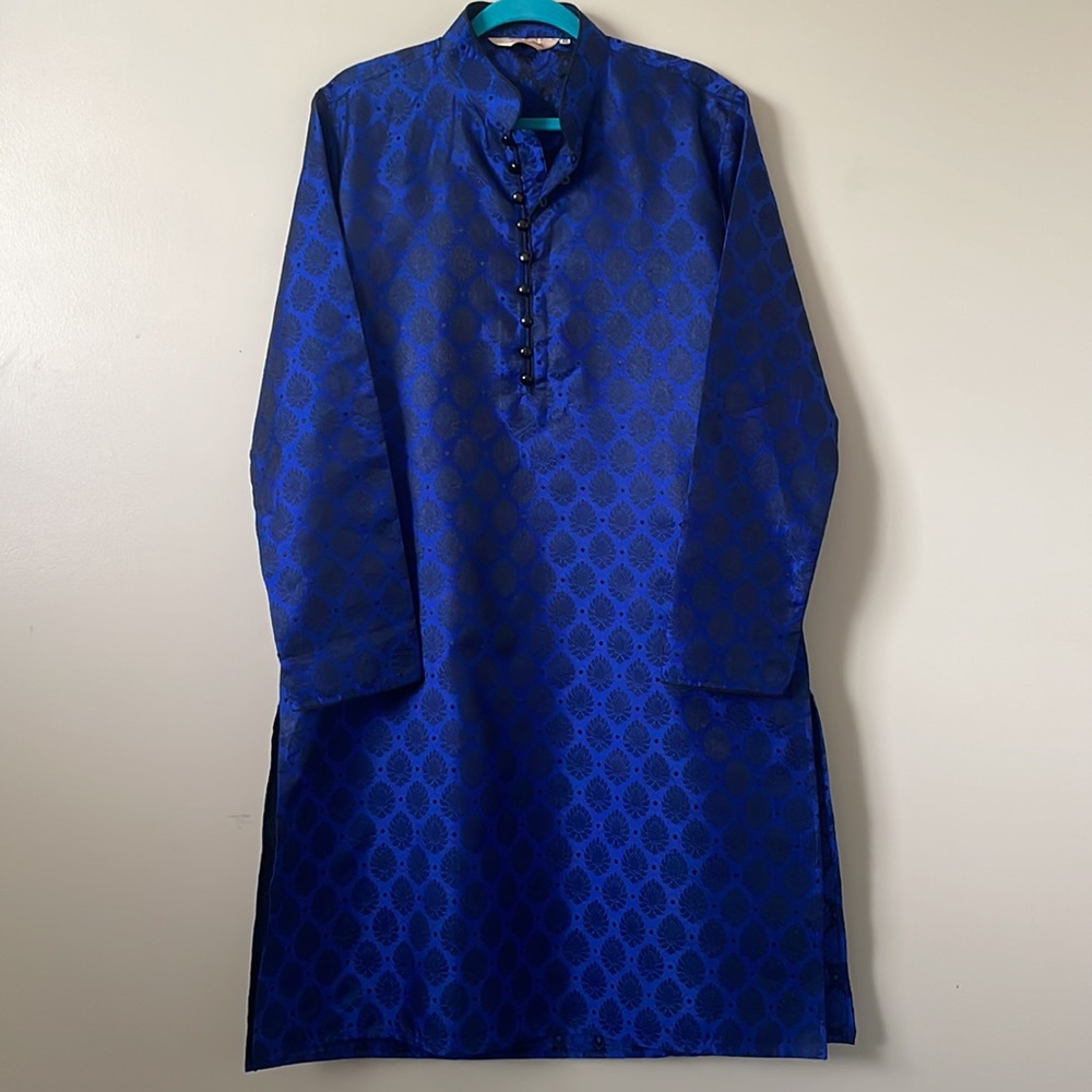 Damask embroidery design blue kurta for men